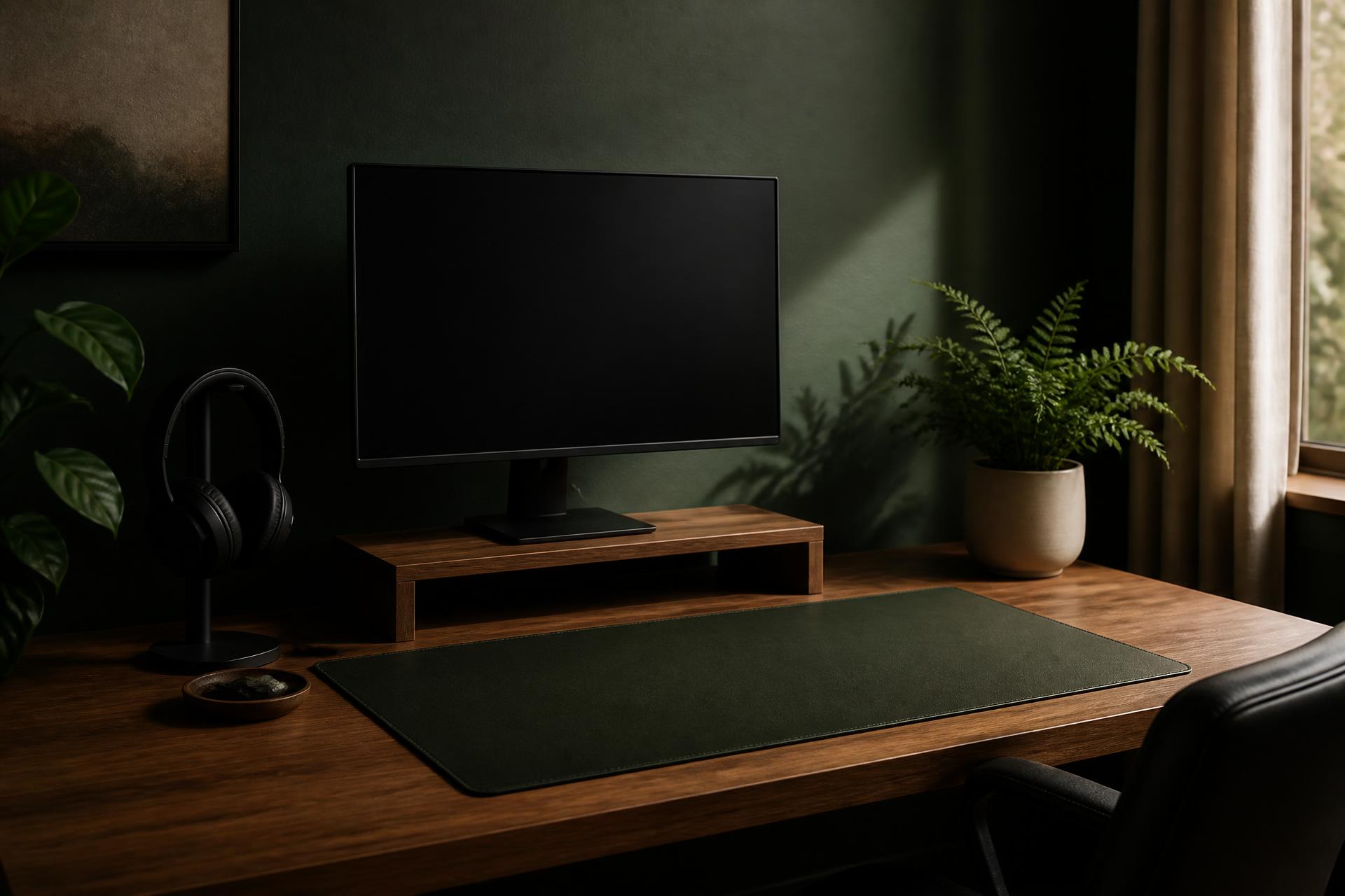 A dark forest green desk setup with a wooden monitor riser, headphone stand and fern